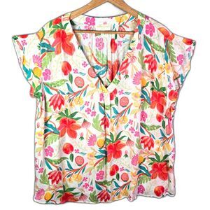 Cynthia Rowley Woman Blouse Tropical Floral 2X Flutter Sleeve Rayon